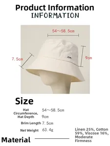 Size chart for cotton linen bucket hat showing 54-58.5cm circumference and fabric specs