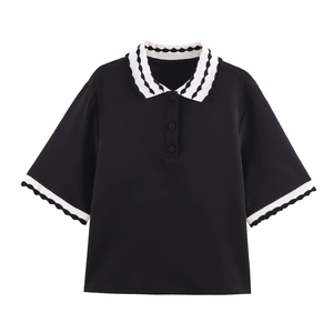 Polo À Manches Courtes Pour Femmes Col Festonné Couleur Contrastée Noir Blanc Haut D'été Décontracté En Polyester