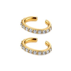 Elegant gold plated ear cuffs featuring shimmering white zircon stones on white background
