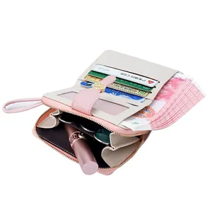 Pink and beige faux leather long wallet for women with multiple card slots and wristlet