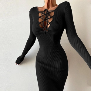 Slim fit black ribbed knit long sleeve dress with sexy lace-up cutout front detail