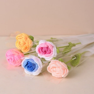 Handmade crochet rose bouquet with colorful knitted flowers in clear packaging