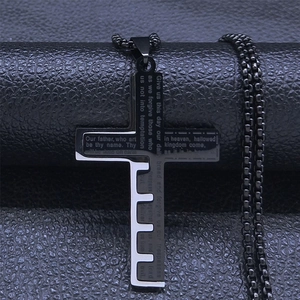 Black stainless steel cross necklace with engraved Lord's Prayer on a box chain