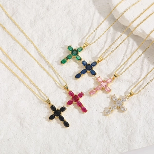 Hip hop style gold cross pendant necklace with multi-color marquise-cut zircon stones