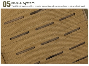 Close-up of laser-cut MOLLE system on tactical outdoor chest bag in coyote brown