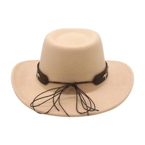 Detail of sand beige felt cowboy hat with brown leather band and silver star rivets