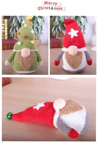 Detailed view of knitted Christmas gnomes with festive textures and holiday decorations
