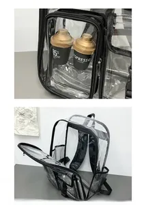 Dettaglio dello zaino in PVC trasparente impermeabile con bordi in nylon e tasche a rete