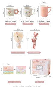 Detailed ceramic tulip mug gift set with plush bunny and gift box dimensions shown