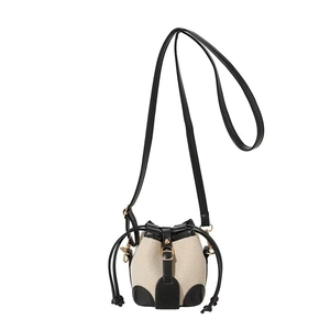 Mini plaid denim drawstring bucket bag for girls with beige canvas and black PU leather