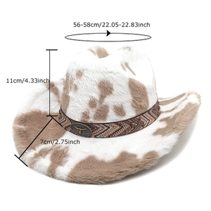 Plush cow print western cowboy hat with studded bull head metal emblem and wide brim