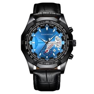 Men's business chronograph watch with blue sunray dial and black leather strap