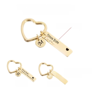 Custom stainless steel Drive Safe keychain with engraved rectangle and letter M circle tag