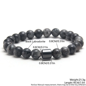 Black Labradorite 8mm natural stone beaded bracelet with metal cylinder detail