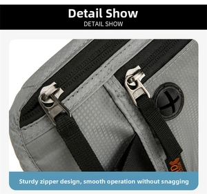 Close-up of water-resistant gray ripstop nylon sports fanny pack with zipper and earphone hole