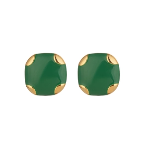 Vintage green square earrings with 14K gold plated accents on white background