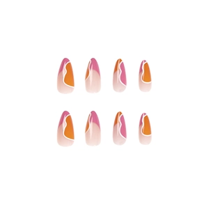 Pink and orange French almond press-on nails with white wave patterns on white background