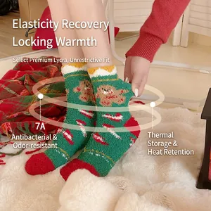 Christmas coral fleece socks with gingerbread pattern and candy stripes in festive green