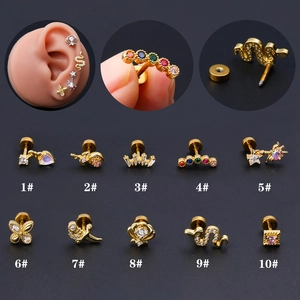 Cartilage Stud Earrings Copper Zircon Stainless Steel Barbell Helix Tragus Piercing Body Jewelry Snake Heart Star Crown