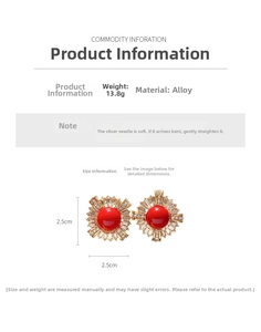 Detail view of vintage court style round red stone earrings with sparkling zircon borders