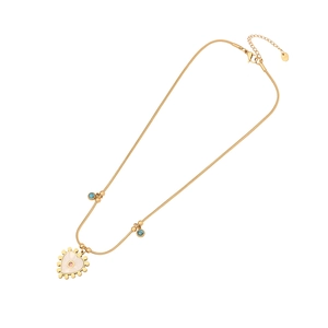 Golden heart necklace with pink gemstone and blue beads on a delicate snake chain