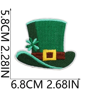 Detailed view of Saint Patrick's Day shamrock hat embroidery patch with size measurements