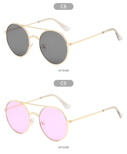 Detail view of round metal frame sunglasses with double bridge in grey and pink lenses