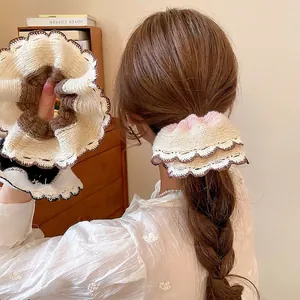 Large Knitted Scrunchie Korean Sweet Crochet Hair Tie With Wavy Lace Edge Contrast Color Vintage Elastic Ponytail Holder