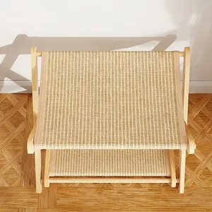 Minimalist solid wood cat hammock with beige striped fabric and 55cm wide frame