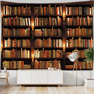 Macro detail of a 3D vintage bookshelf tapestry featuring realistic books and warm candles