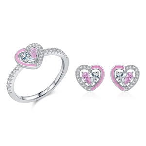 S925 sterling silver jewelry set featuring pink heart stones in ring and stud earrings