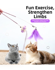 Detail of cat wand toy set with purple feathers, bells and ribbons held over curious cats
