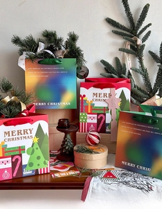 Detailed close-up of premium Christmas gift bags with ribbon handles and festive patterns