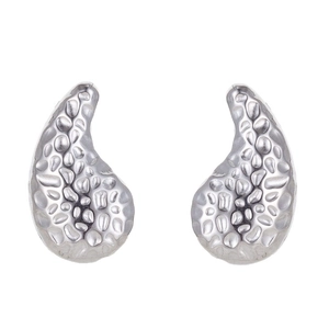Polished silver stainless steel drop earrings with textured hammered finish on white background