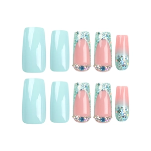 French blue and pink coffin press-on nails with glitter and rhinestone accents