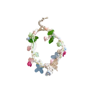 Colorful resin flower and butterfly woven necklace with faux pearls and adjustable chain