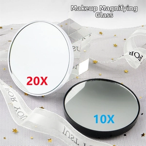 Detail view of round 10X and 20X magnifying mirrors in black and white frames