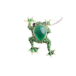 Cute green cartoon frog brooch featuring sparkling crystals and gold accents on white base
