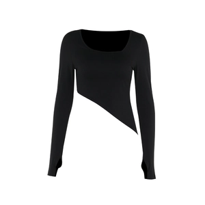 Slim fit black long sleeve top with asymmetrical hem and thumbhole cuffs for women