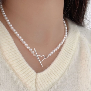 925 Sterling Silver Artificial Pearl Necklace Heart Arrow Toggle Clasp Cupid Choker Romantic Jewelry For Women