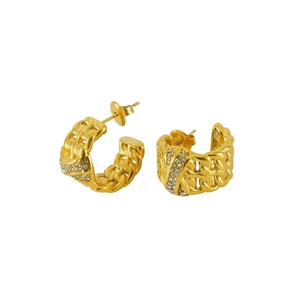 18k gold-plated C-shaped chain link earrings with inlaid diamonds for women