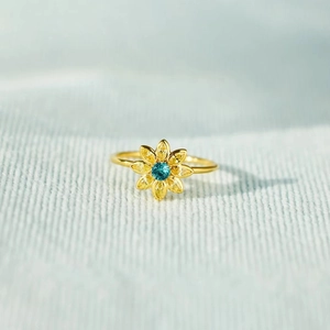 S925 sterling silver sunflower ring with blue center gem and yellow petals