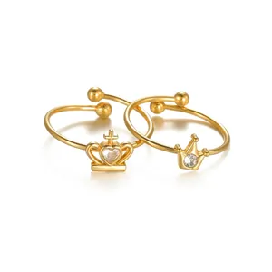 Stainless Steel Gold Crown Open Ring For Women Minimalist Heart Round Rhinestone Adjustable Finger Ring Fashion Jewelry