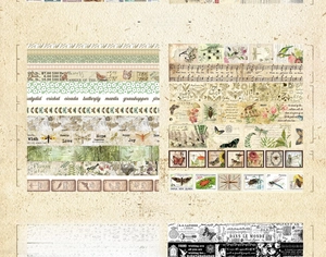Size chart showing washi tape widths from 0.5cm to 7.5cm with vintage botanical patterns