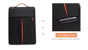 Front zipper pocket of slim black laptop sleeve with orange accents for extra storage