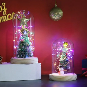 Close-up of LED glass dome featuring a mini Christmas tree and snowman on wood base