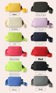 Detailed grid view of compact nylon crossbody bags in twelve vibrant color options