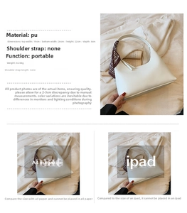 Detailed dimensions of white PU underarm bag with decorative silk scarf and size specs