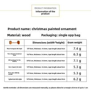 Detailed size and weight chart for wooden Christmas tree ornaments with reindeer and snowman