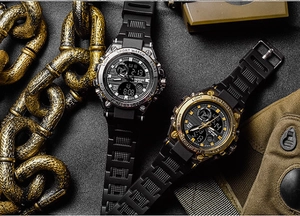 Close-up of SANDA dual-display sport watches with gold and silver bezels and rubber straps